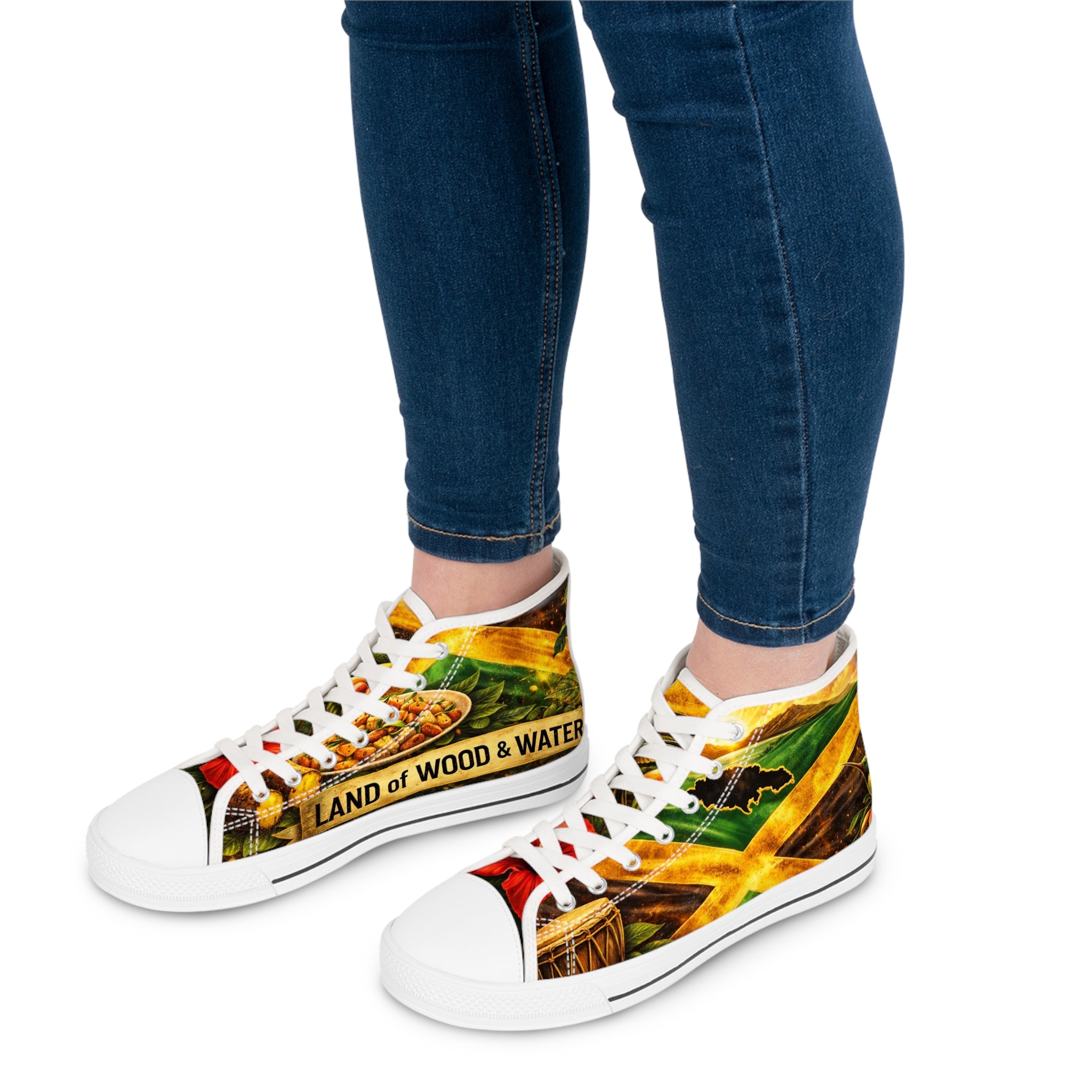 Women's High Top Sneakers — Jamaican Flag Reggae Floral Design